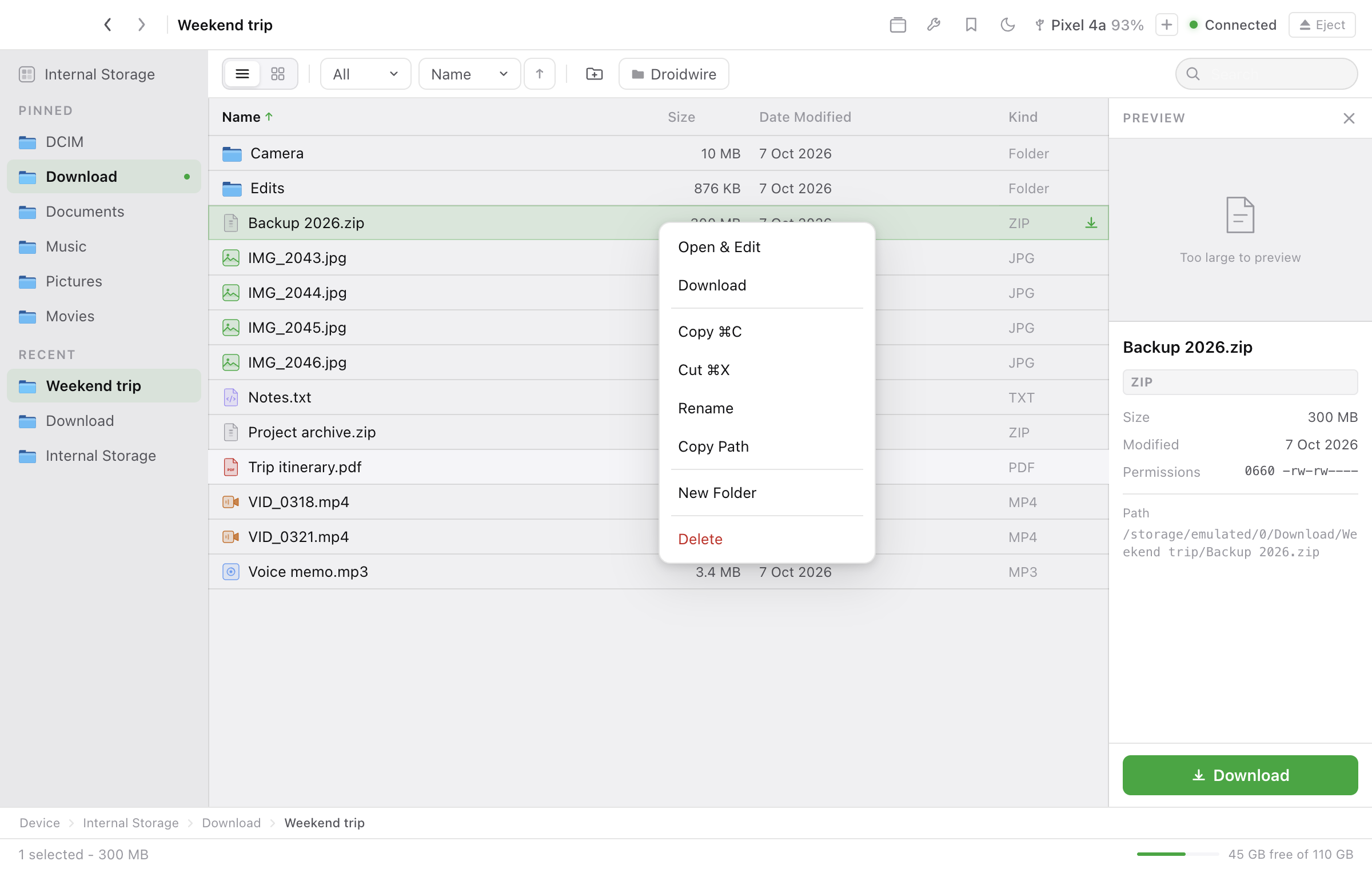 Right-click menu with Open and Edit, Download, Copy, Cut, Rename and Delete.