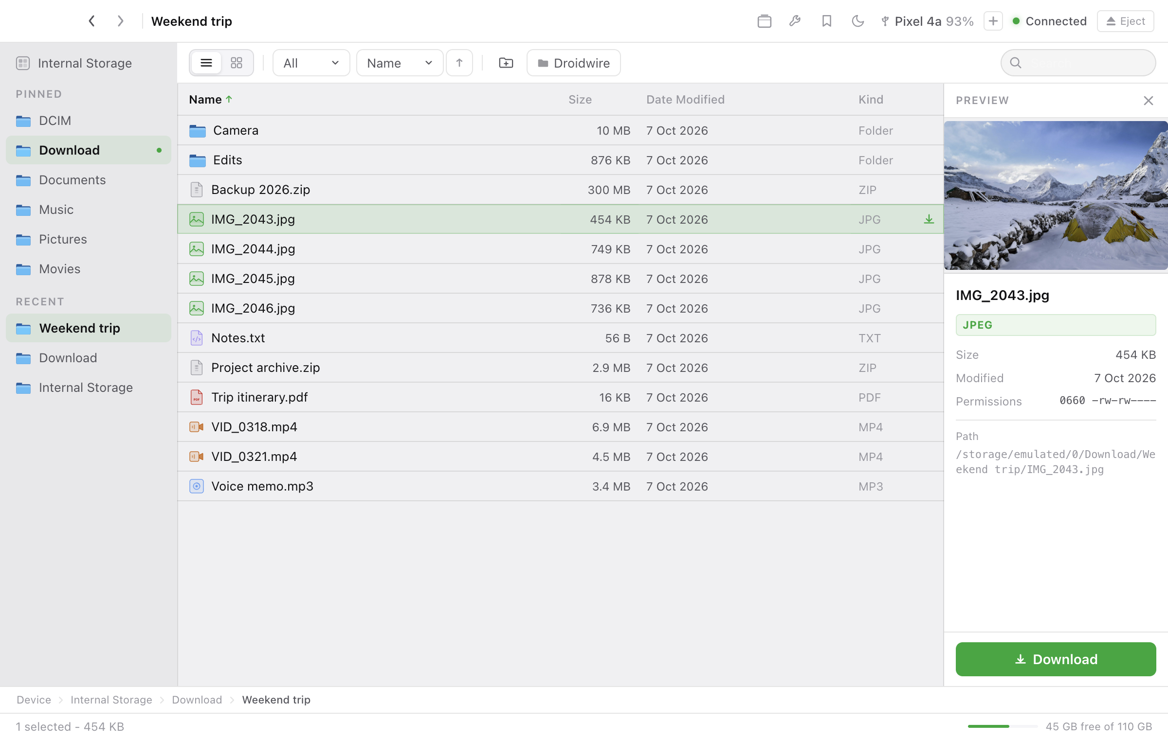 Image preview with file details in the side panel.