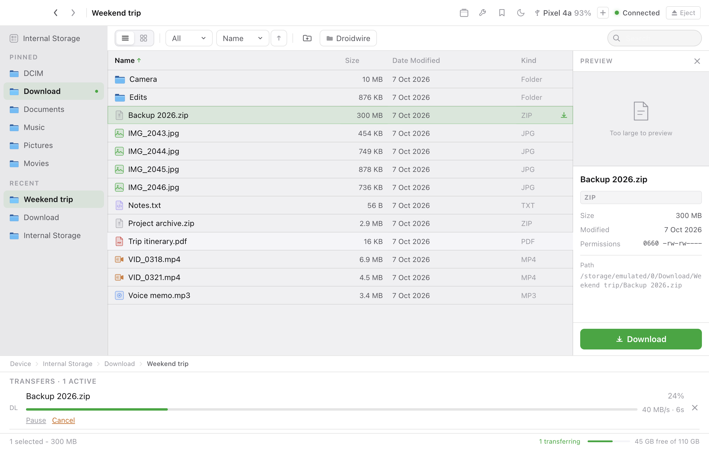 Transfer bar showing a download with progress, speed and time left.